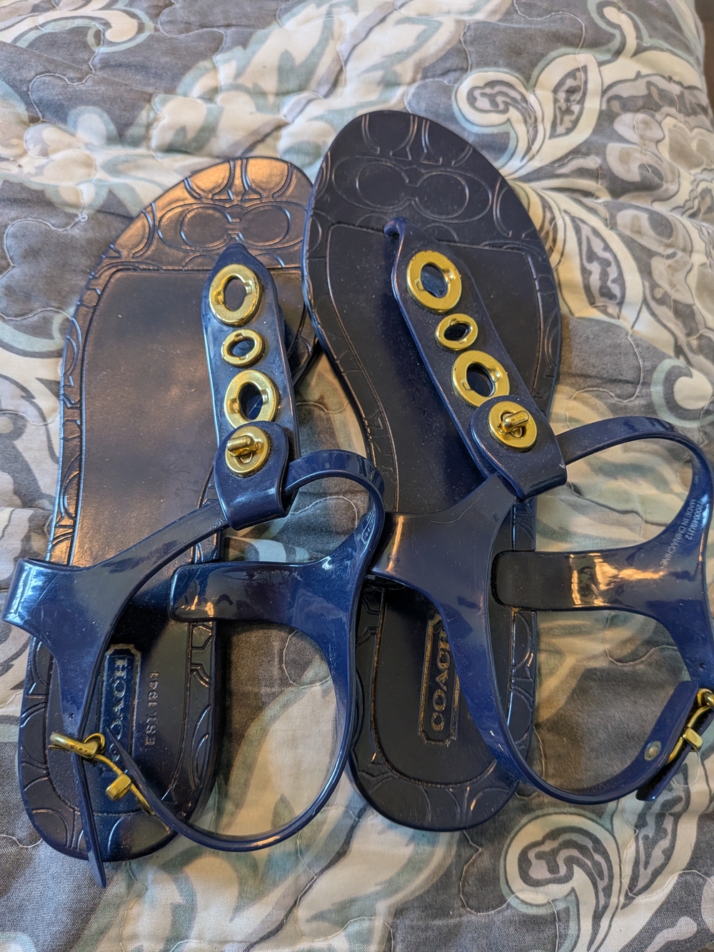 Coach Women's Navy Jelly Sandals with Gold Hardware